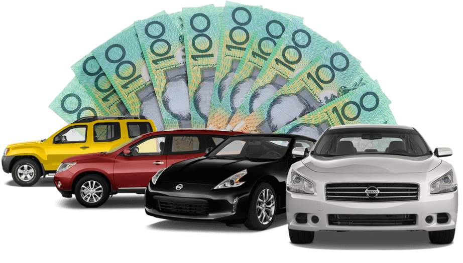 Australian $100 notes fanned behind four cars, illustrating cash for cars in Sydney